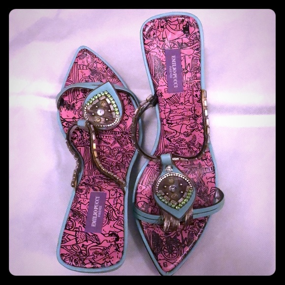 Emilio Pucci Shoes - Pucci Aqua wood wedge w/ emerald shaped crystals